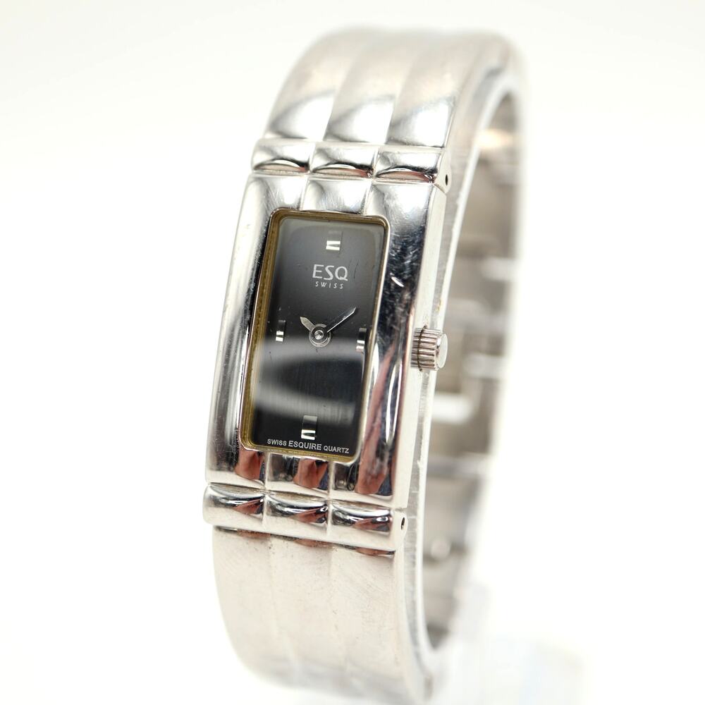 Vintage ESQ Womens Silver Tone 18mm Black Tank Watch 6.5" Bracelet w New Battery